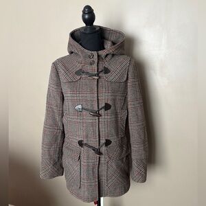 ST. JOHN’S BAY vintage 90s duffle coat plaid wool cashmere toggle buttons M EUC